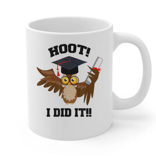 Hoot I Did It Grad Owl Holding Graduation Diploma Congrats Graphic Print Coffee Mug - Best Gift Smart