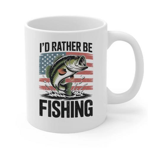I'd Rather Be Fishing Bass Fish Dad Joke American Flag Graphic Print Coffee Mug - Father's Day Fun