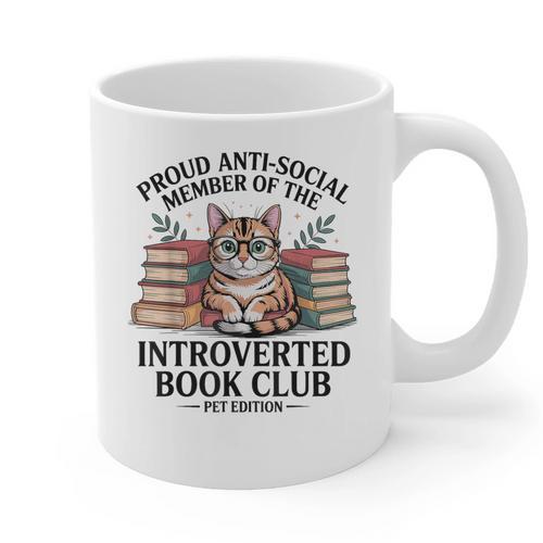 Proud Introverted Book Club Anti Social Reader Pet Cat Graphic Print Coffee Mug - Raresse