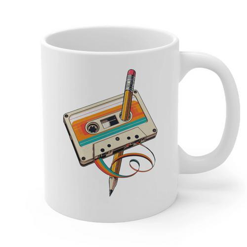 Retro Cassette Tape & Pencil Rewind Nostalgia Party 80s 90s Graphic Print Coffee Mug - Figerry
