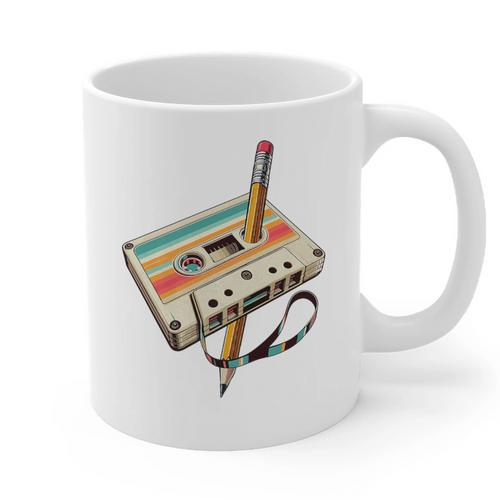 Retro Cassette Tape & Pencil Rewind Nostalgia Party 80s 90s Premium Graphic Print Coffee Mug - Figerry