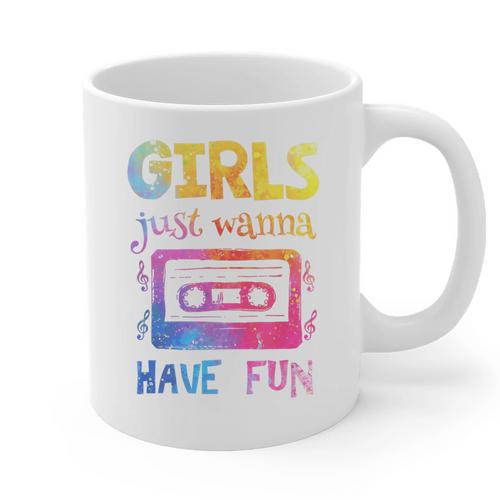 Retro Girls Just Wanna Have Fun Nostalgia 1980s 80's Premium Tri-Blend Graphic Print Coffee Mug - Figerry