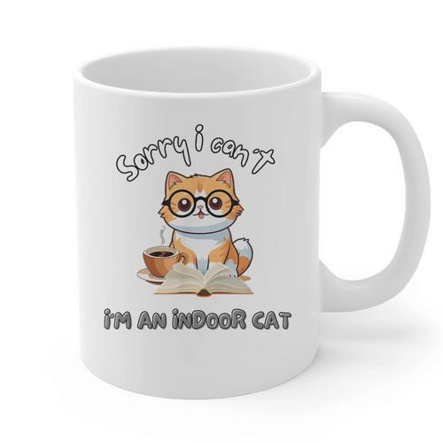 Sorry I Can't Indoor Cat Top For Introvert With Coffee Book Graphic Print Coffee Mug - Raresse