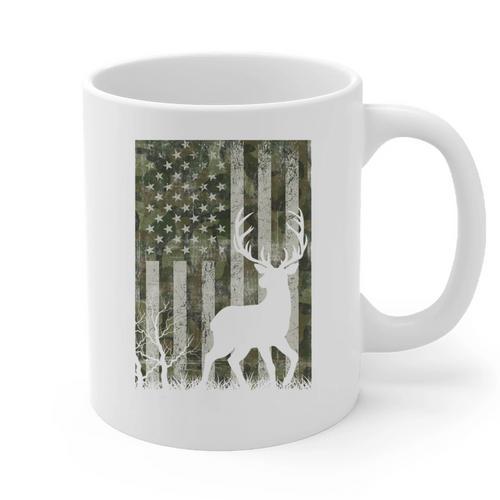 US Flag Deer Elk Buck Camoflage Hunting Hunter Dad Grandpa Graphic Print Coffee Mug - Father's Day Fun