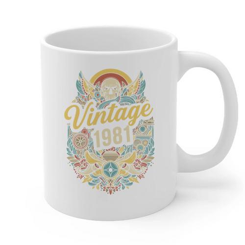 Vintage 1981 Retro Badge Nostalgia Eighties Compass Skull Graphic Print Coffee Mug - Figerry