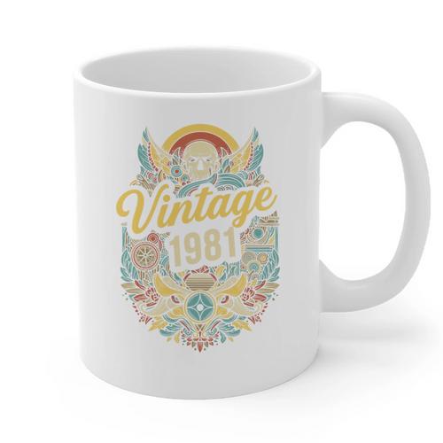 Vintage 1981 Retro Badge Nostalgia Eighties Compass Skull Premium Tri-Blend Graphic Print Coffee Mug - Figerry