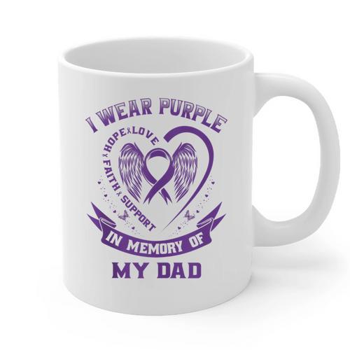 I Wear Purple In Memory Of My Dad Alzheimers Awareness Heart Graphic Print Coffee Mug - Easessy