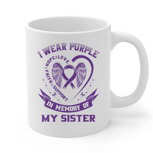 I Wear Purple In Memory Of My Sister Alzheimers Awareness Graphic Print Coffee Mug - Easessy