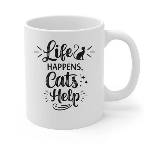 Women's Life Happens Cats Help Cat Lover Cat Moms Cat Dads Graphic Print Coffee Mug - Father's Day Fun