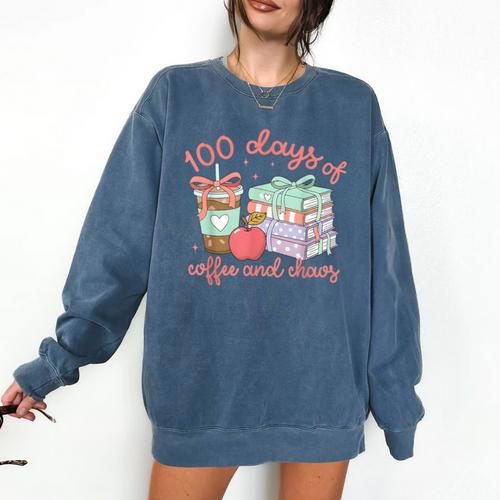 100 Days Of Coffee And Chaos Coquette Bow Book Apple Comfort Colors Sweatshirt - Bookorys