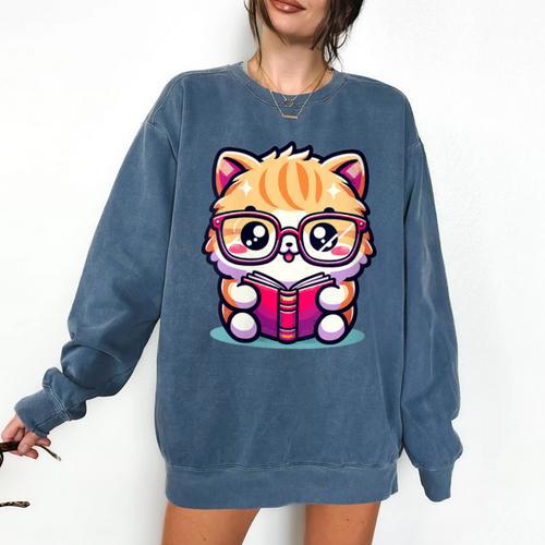 Adorable Book Lover Persian Cat With Reading Glasses Cute Comfort Colors Sweatshirt - Bookorys