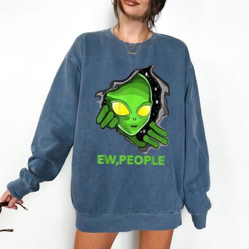Alien Face Ew People UFO Introvert Meme Men Women Kids Comfort Colors Sweatshirt - Raresse