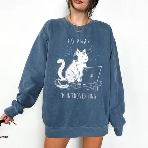 Antisocial Introvert Cat With Coffee On Computer Emo Goth Comfort Colors Sweatshirt - Raresse