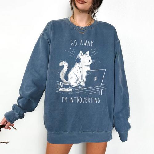 Antisocial Introvert Cat With Coffee On Computer Emo Goth Comfort Colors Sweatshirt - Raresse