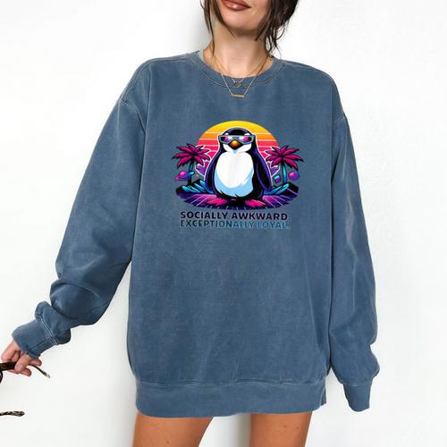 Awkward But Loyal Penguin Synthwave Vapowave Introvert Comfort Colors Sweatshirt - Raresse