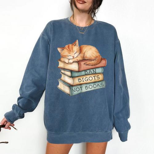 Ban Bigots Not Books Kitten Sleeping Vintage Cat Watercolor Men Women Comfort Colors Sweatshirt - Bookorys AU