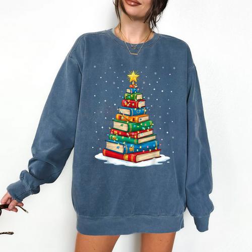 Book Christmas Tree Xmas Lights Book Lover Teacher Librarian Comfort Colors Sweatshirt - Bookorys DE