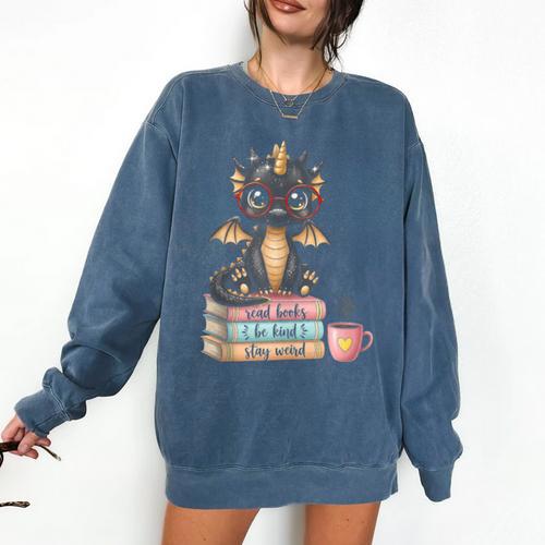 Book Lover Stay Weird Be Kind Read Books Baby Dragon Comfort Colors Sweatshirt - Bookorys
