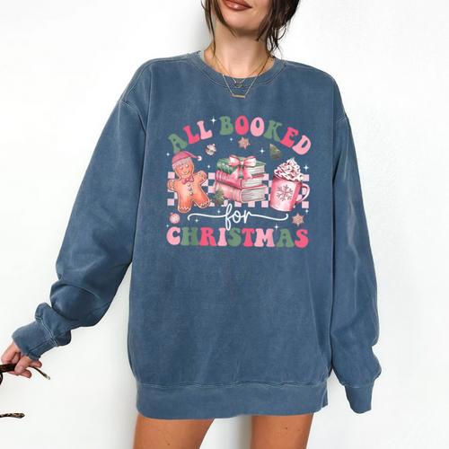 All Booked For Christmas Book Coffee Latte Gingerbread Comfort Colors Sweatshirt - Bookorys