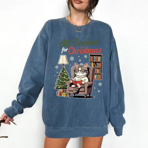 All Booked For Christmas Cute Bookish Cat Lover Comfort Colors Sweatshirt - Bookorys AU