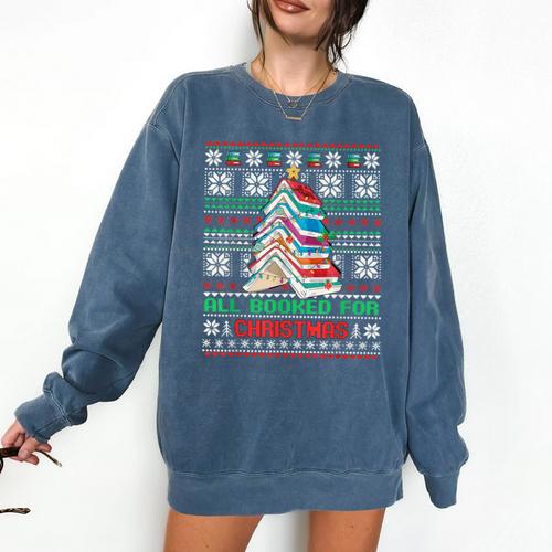 All Booked For Christmas Tree Book Ugly Christmas Sweatshirt Comfort Colors Sweatshirt - Bookorys