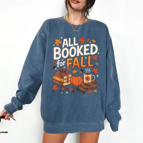 All Booked For Fall Pumpkin Books Thanksgiving Autumn Leaves Comfort Colors Sweatshirt - Bookorys