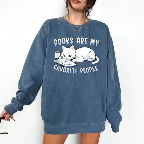 Books Are My Favorite People Cat With Coffee Mug Book Lovers Comfort Colors Sweatshirt - Bookorys