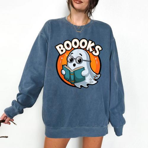 BOOOKS Cute Ghost Reading Books Halloween Comfort Colors Sweatshirt - Bookorys