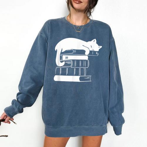 Cat Book Books And Cats Cat Lover Cat Mom Book Lovers Comfort Colors Sweatshirt - Bookorys AU
