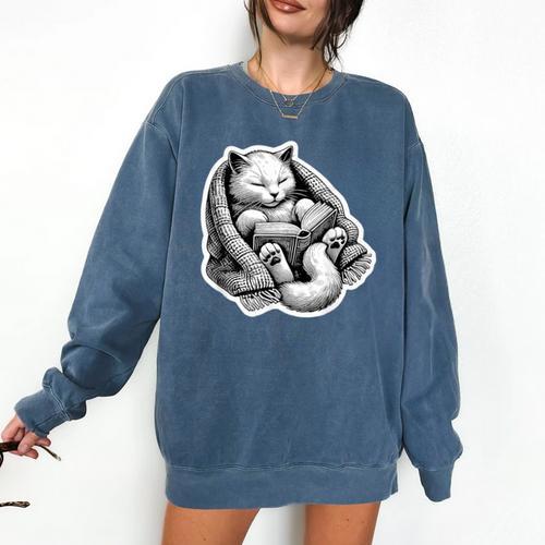 Cat Book Worm Reading Cottagecore Art Comfort Colors Sweatshirt - Bookorys AU