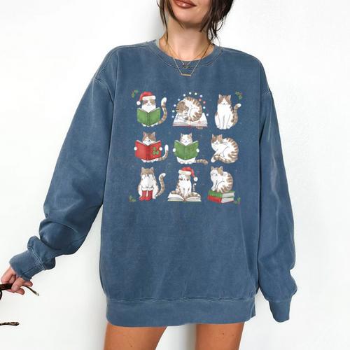 Cat Reading Book Funny Christmas Cat Book Lover Librarian Men Women Kids Comfort Colors Sweatshirt - Bookorys CA