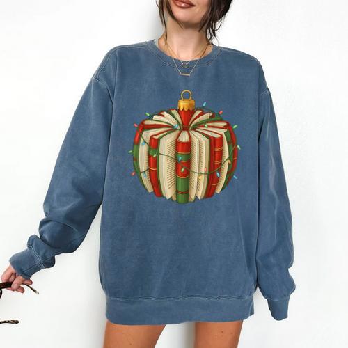 Christmas Book Ornament Lights Holiday Reading Lover Teacher Comfort Colors Sweatshirt - Bookorys