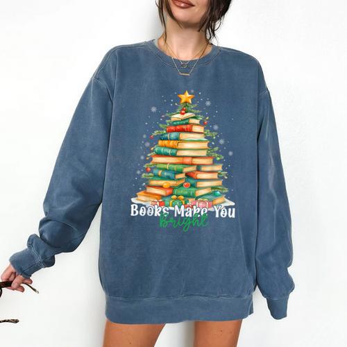 Christmas Books Make You Bright Librarian Teacher Book Lover Comfort Colors Sweatshirt - Bookorys DE