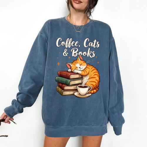 Coffee Cats & Books Lover For Women & Girls Coffee Comfort Colors Sweatshirt - Bookorys