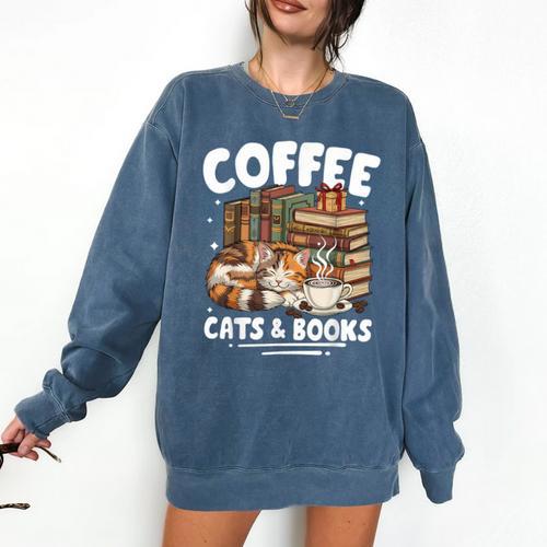 Coffee Cats And Books Cats And Reading Lovers Comfort Colors Sweatshirt - Bookorys