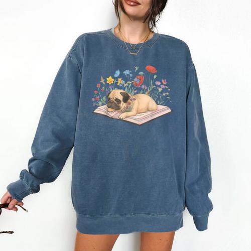 Color Floral Cute Pug Dog On Book Reading Bookworm Reader Comfort Colors Sweatshirt - Bookorys