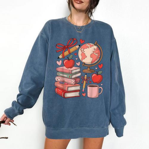 Coquette Teacher School Supplies Bows Books Globe Apple Cute Comfort Colors Sweatshirt - Bookorys