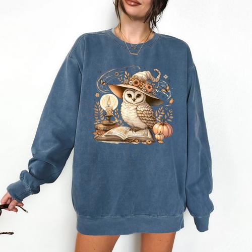 Cottagecore Owl Witch On Book Pumpkin Halloween Comfort Colors Sweatshirt - Bookorys DE