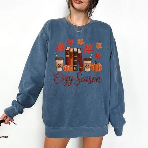 Cozy Season Autumn Leaves Books Pumpkins Fall Halloween Comfort Colors Sweatshirt - Bookorys