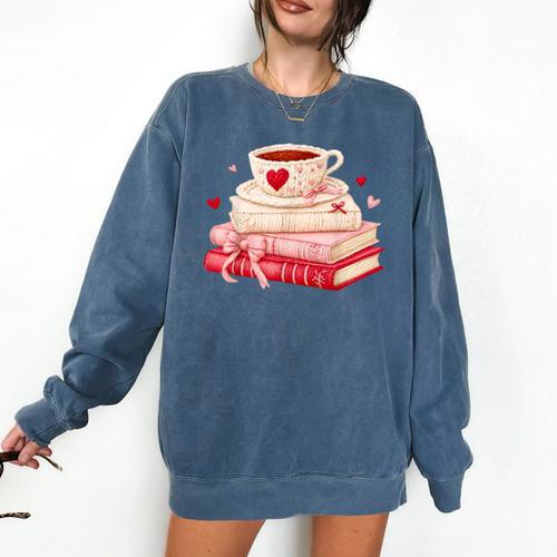 Cute Books And Coffee Crochet Valentines Day Tee For Couples Comfort Colors Sweatshirt - Bookorys DE