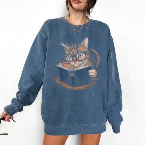 Cute Cat Reading Books With Tea Comfort Colors Sweatshirt - Bookorys AU