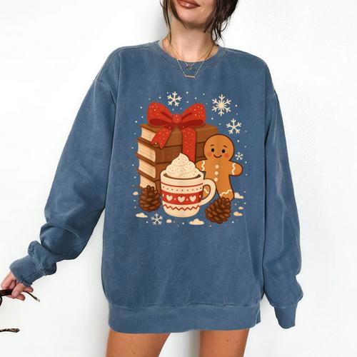 Cute Christmas Books Gingerbread Xmas Book Lover Teacher Comfort Colors Sweatshirt - Bookorys
