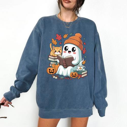 Cute Cozy Ghost Reading With Cat Book Lover Autumn Fall Comfort Colors Sweatshirt - Bookorys AU