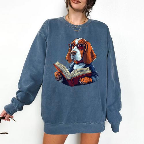 Cute Dog Basset Hound Reading Book Comfort Colors Sweatshirt - Bookorys