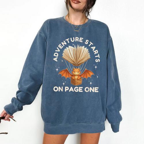 Cute Dragon Book Hot Air Balloon Adventure Fantasy Reading Comfort Colors Sweatshirt - Bookorys