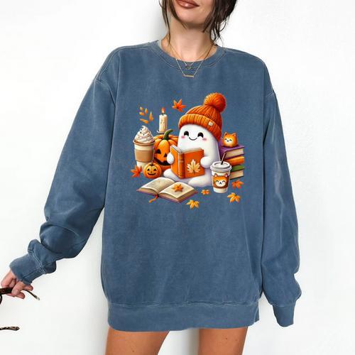 Cute Ghost Reading Book Lovers Halloween Pumpkin Women Girls Comfort Colors Sweatshirt - Bookorys