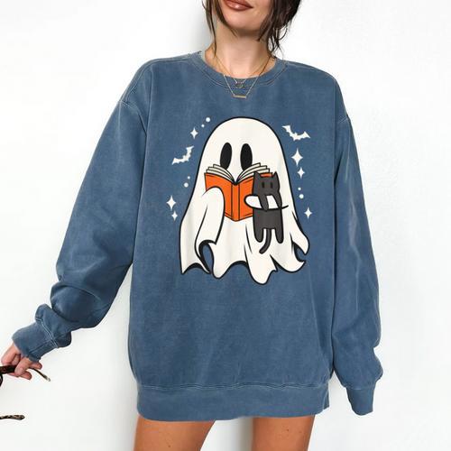 Cute Ghost Reading Book Spooky Season Halloween Costume Kids Comfort Colors Sweatshirt - Bookorys UK