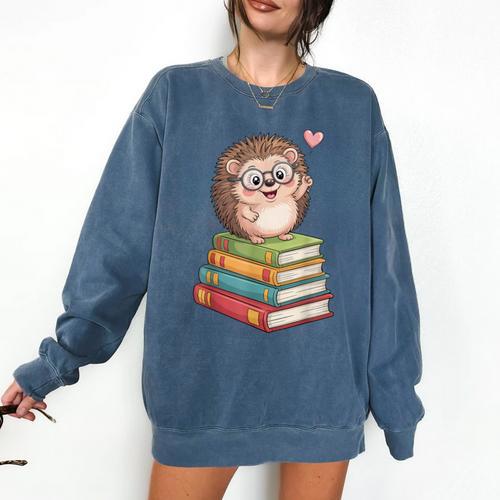 Cute Hedgehog Reading Books Animal Lover Reader Bookworm Comfort Colors Sweatshirt - Bookorys