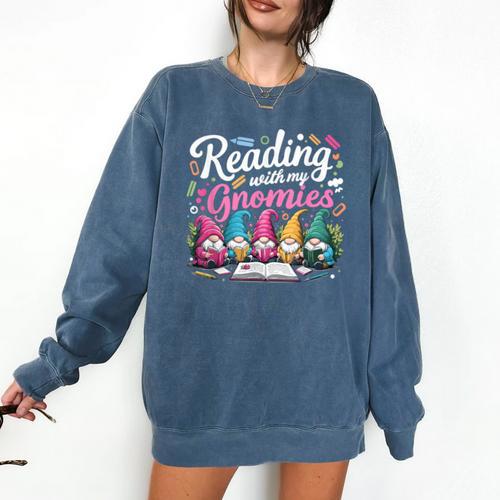 Cute Reading With My Gnomies Gnome Book Bookworm Lover Comfort Colors Sweatshirt - Bookorys CA