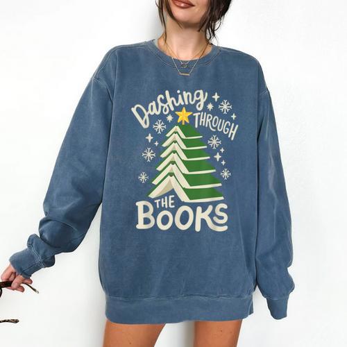 Dashing Through The Books Christmas Book Lovers Men Women Comfort Colors Sweatshirt - Bookorys